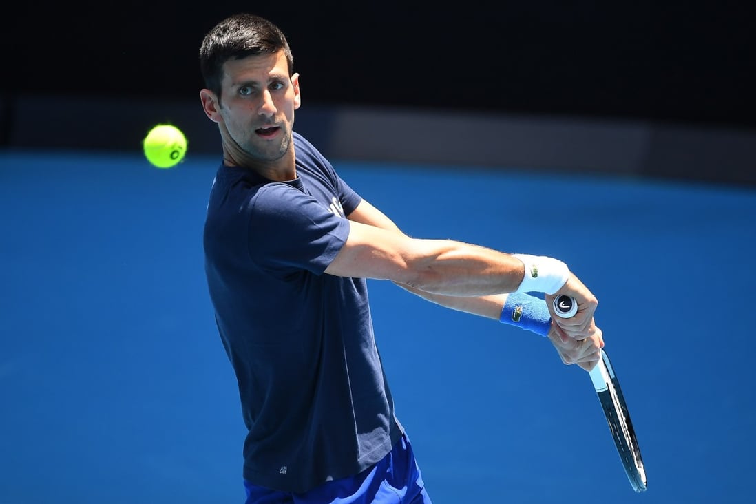 Novak Djokovic trains at Melbourne Park on January 12. Djokovic’s place in the Australian Open is still uncertain as immigration authorities continue to consider whether to revoke his visa. Photo: EPA-EFE