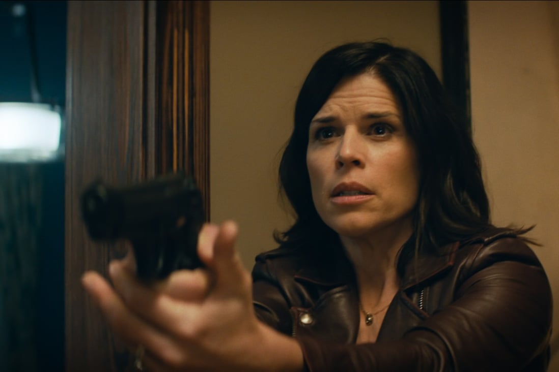 Neve Campbell in a still from Scream (category IIB), directed by Matt Bettinelli-Olpin and Tyler Gillett. Courteney Cox and David Arquette co-star.