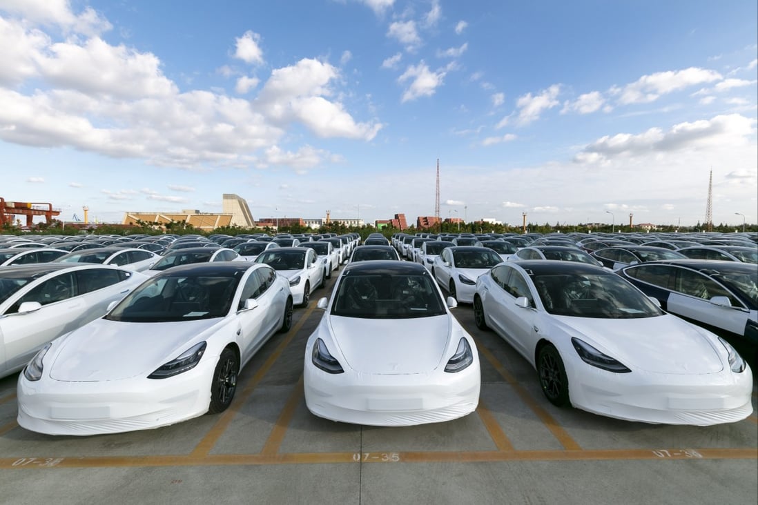 Tesla’s China-made Model 3 vehicles awaiting shipment to Europe at the Waigaoqiao port in Shanghai on October 19, 2020. Photo: Xinhua