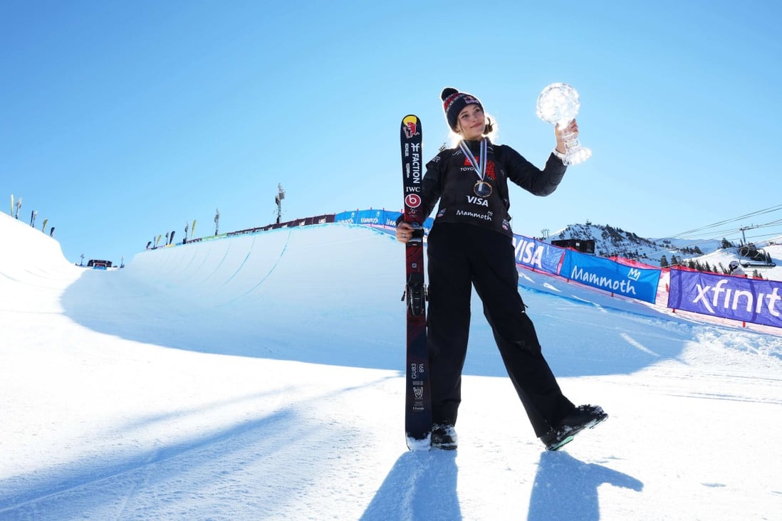 Eileen Gu after placing first in the women’s freeski half-pipe competition at Mammoth Mountain. Photo: AFP