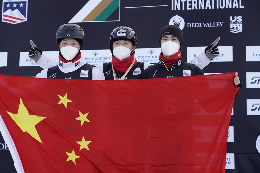 Team China celebrates their first, second and third place finishes in the men’s aerials at Deer Valley. Photo: EPA-EFE