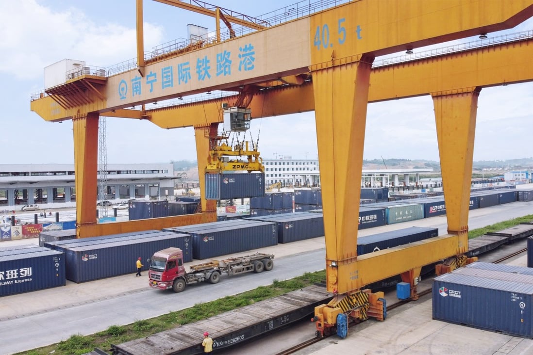 Containers are loaded onto a China-Vietnam freight train at Nanning International Railway Port in China’s Guangxi Zhuang Autonomous Region. Photo: Xinhua