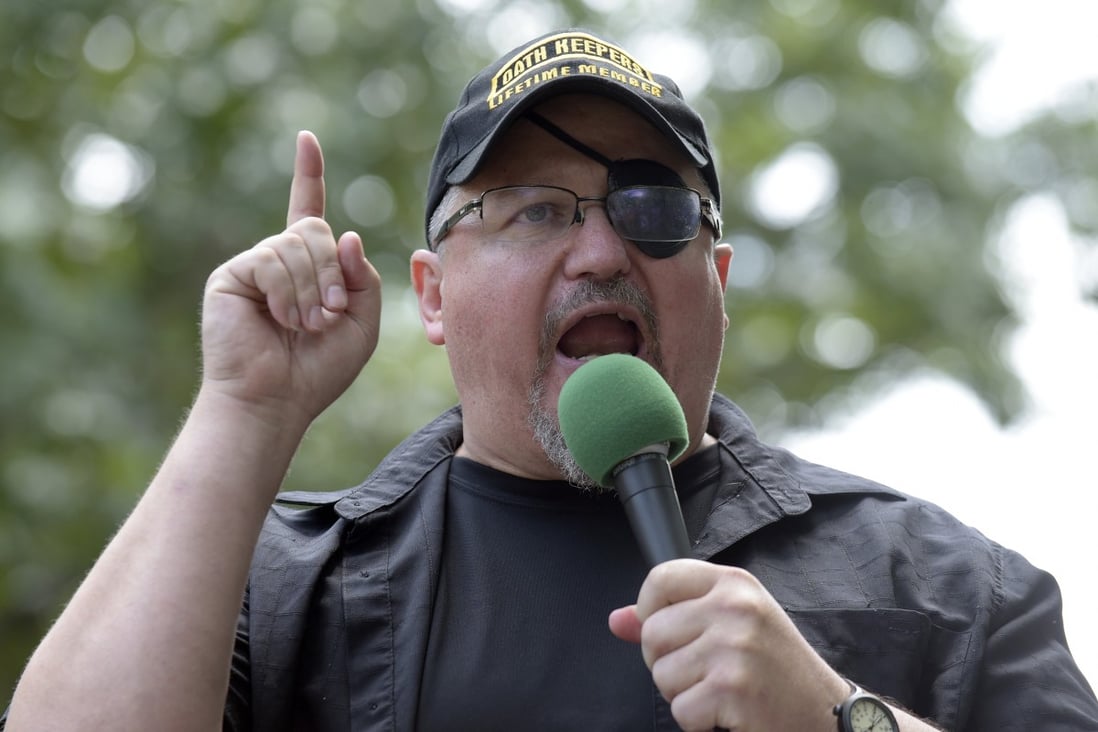 Stewart Rhodes, founder of the Oath Keepers, speaks during a rally outside the White House in June 2017. Photo: AP