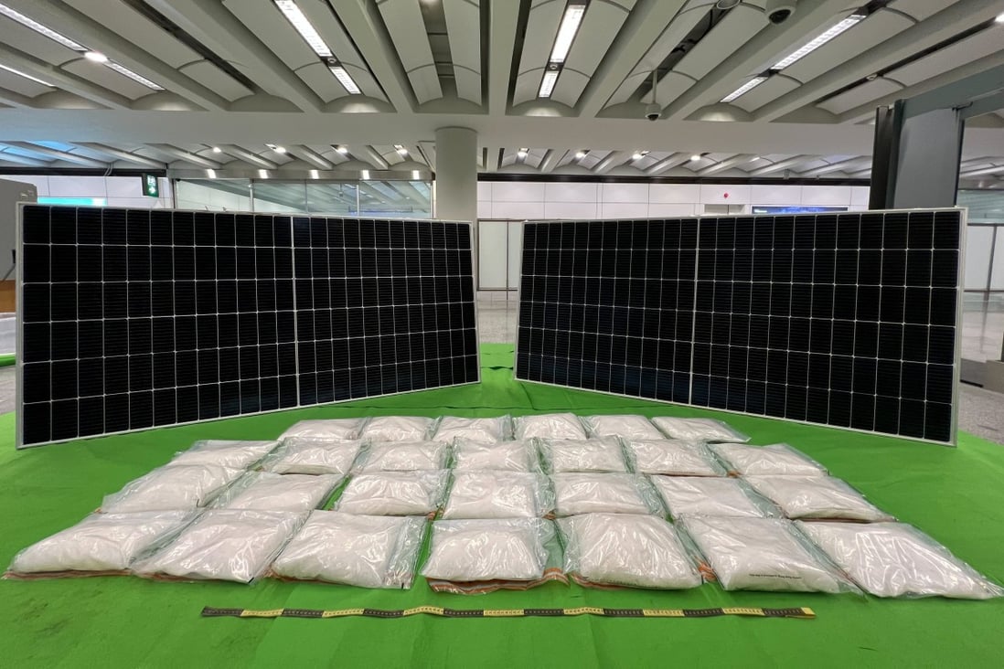 Some 63kg of suspected methamphetamine was found hidden inside a shipment of solar panels at Hong Kong International Airport on Monday. Photo: Handout