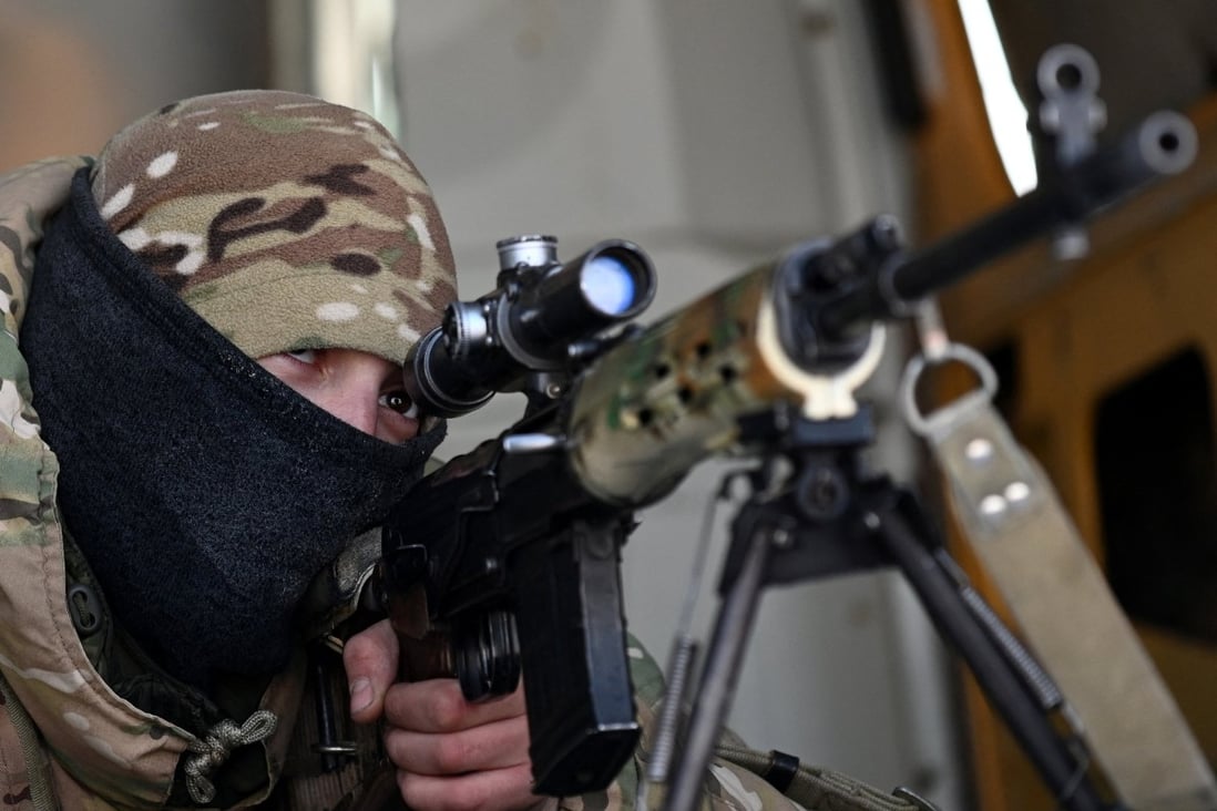 A Russian sniper takes part in military exercises at the Kadamovsky range in the Rostov region on Thursday. Photo: Reuters