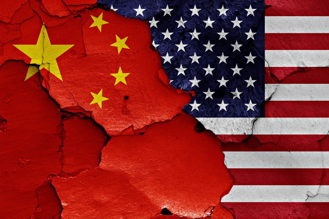 Flags of China and USA painted on cracked wall. Photo Shutterstock