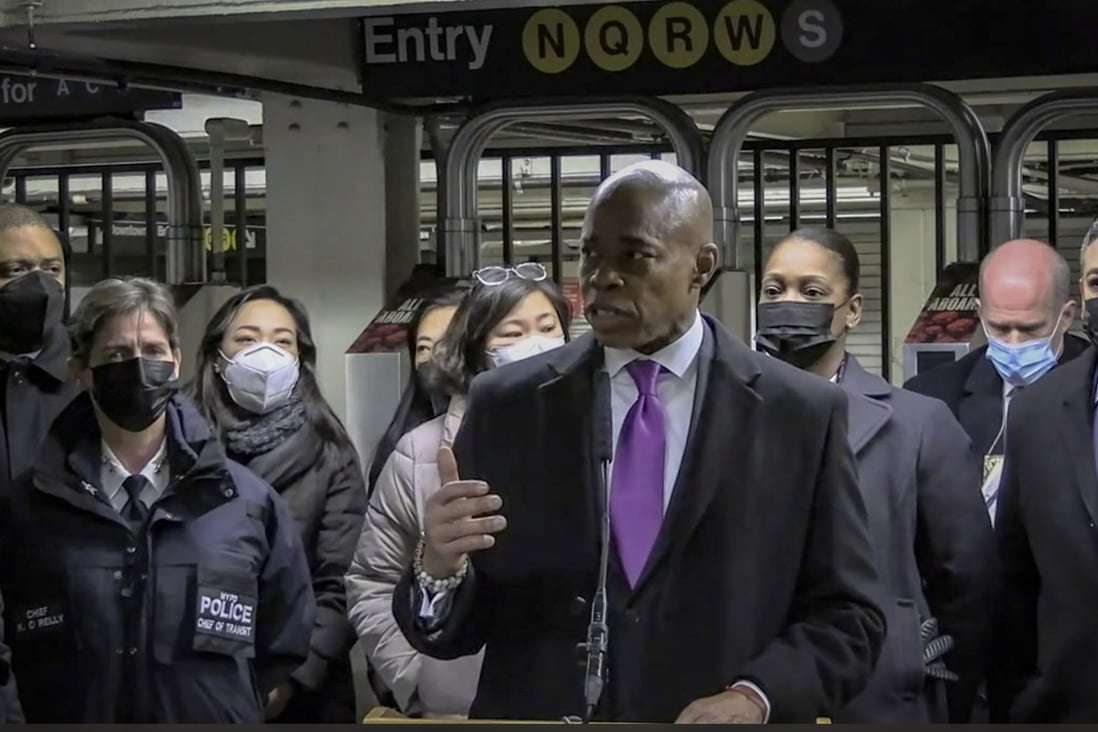 New York Mayor Eric Adams speaks after a woman was pushed to her death in front of a subway train at the Times Square station. Photo: AP