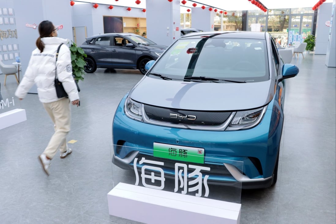 A BYD Dolphin electric vehicle is displayed at a store in Changzhou, Jiangsu province. Photo: VCG via Getty Images