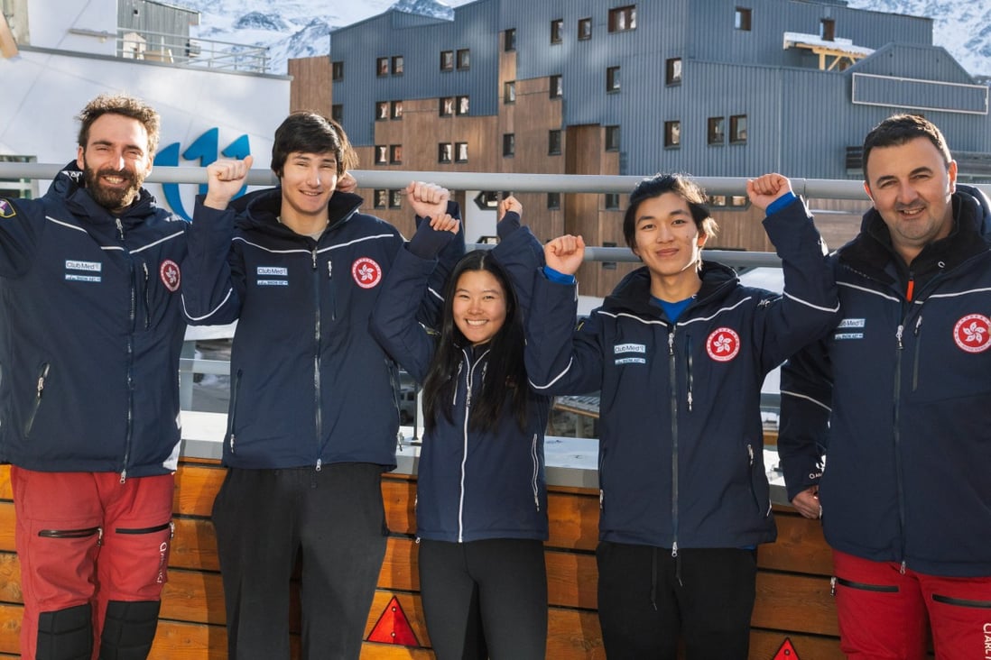 Hong Kong ski head coach Marko Rudic (left) and coaching staff with athlete Audrey King (middle) and Adrian Yung (second from right) after an Olympics training camp in Europe. Photo: Skiing Association of Hong Kong   