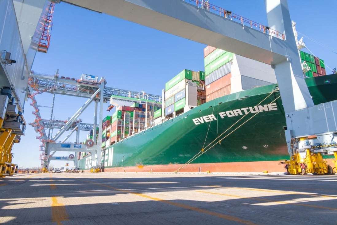 The Hong Kong-flagged Ever Fortune container ship, which docked in Boston on Sunday, is the size of three football fields. Photo: Port of Boston