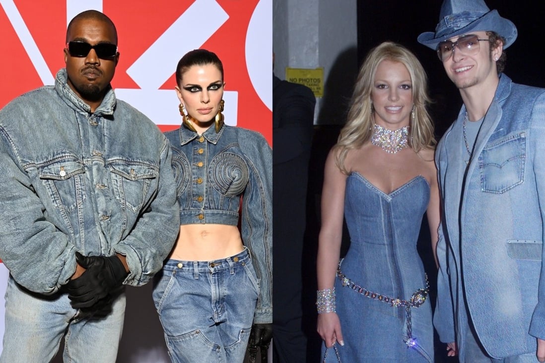 Kanye West and Julia Fox attended the Kenzo autumn/winter 2022 show in double denim looks that evoked memories of when Britney Spears and Justin Timberlake did the same in 2001. Photos: Getty Images, Reuters