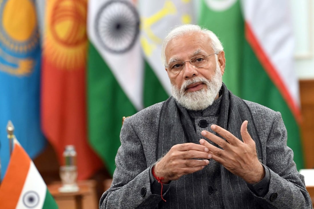Indian Prime Minister Narendra Modi delivers his address at the first meeting of the India-Central Asia Summit by video in New Delhi on Thursday. Photo: India Press Information Bureau handout via EPA-EFE