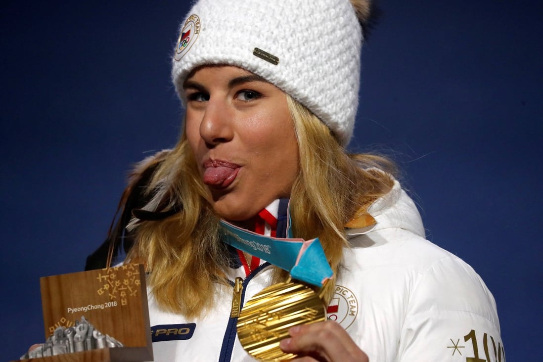 Gold medalist Ester Ledecka of the Czech Republic on the podium after the women’s parallel giant slalom at Pyeongchang 2018. Photo: Reuters/Jorge Silva