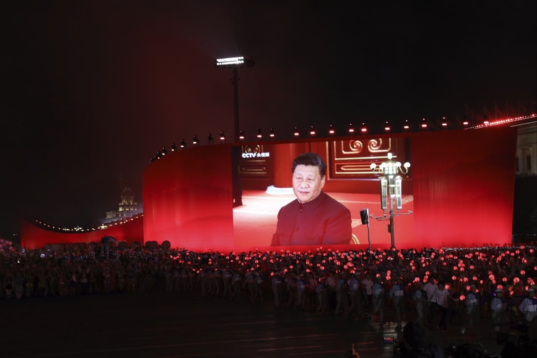 President Xi Jinping  seen on a screen during a gala to mark the 70th anniversary of the founding of the People’s Republic of China. Photo: AP