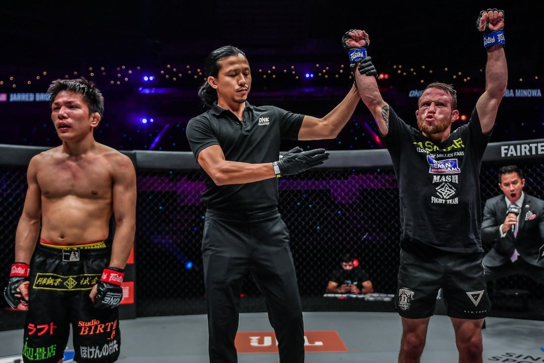 Jarred Brooks is announced as the winner against Hiroba Minowa. Photos: ONE Championship