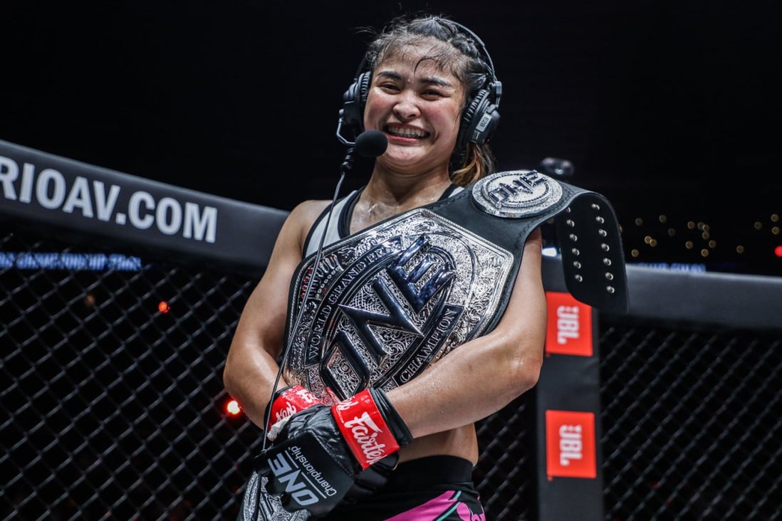 Stamp Fairtex speaks to Mitch Chilson after winning the ONE atomweight grand prix. Photos: ONE Championship