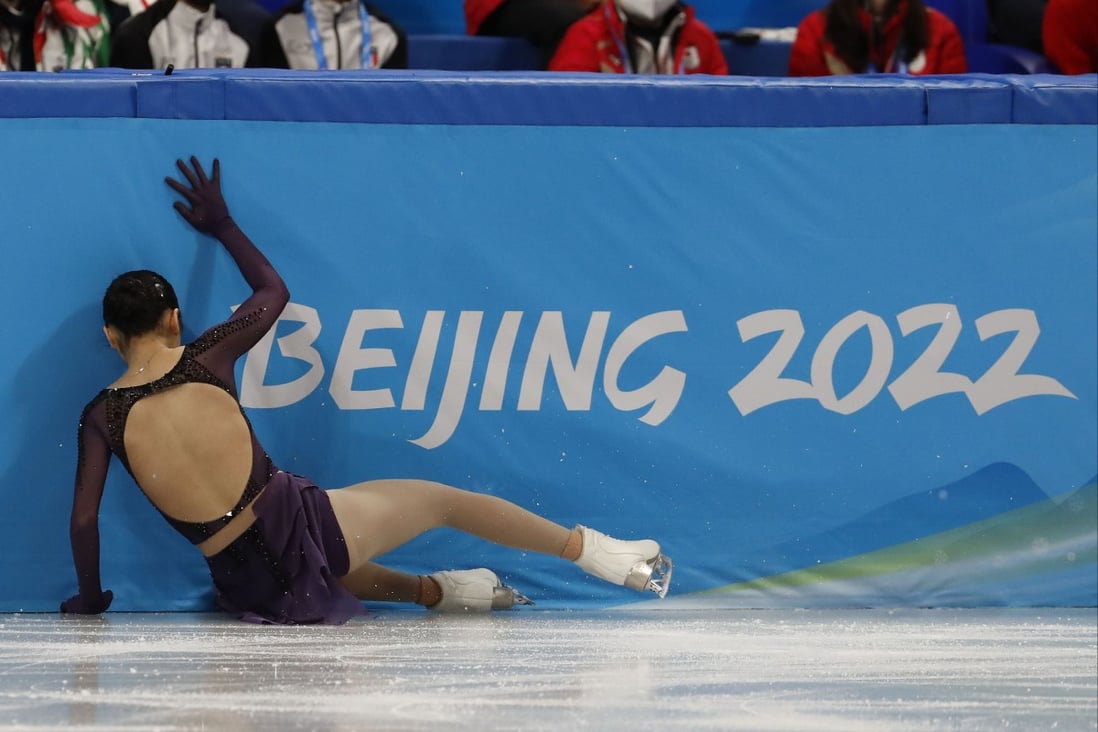 China’s Zhu Yi crashes while competing at the Capital Indoor Stadium during the Beijing 2022 Winter Olympic Games. Photo: David Mcintyre/ZUMA Press Wire/dpa