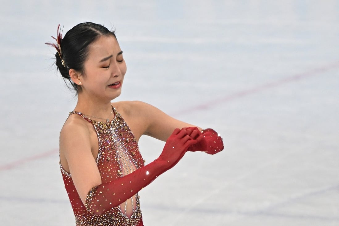 China’s Zhu Yi cries during her performance in the women’s team figure skating competition at the Capital Indoor Stadium during the Beijing 2022 Winter Olympic Games. Photo: Peter Kneffel/dpa