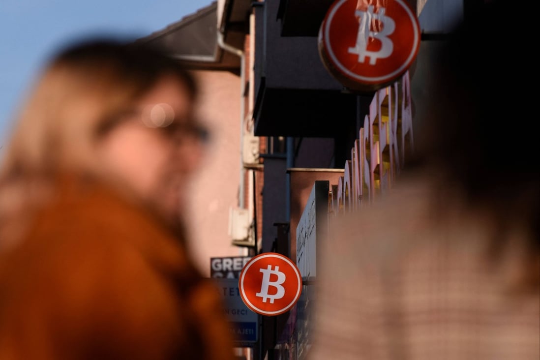 Bitcoin symbols displayed at an exchange bureau in Pristina, Kosovo, where cryptocurrency mining has been temporarily banned due to the activity’s serious drain on energy.  Photo: AFP
