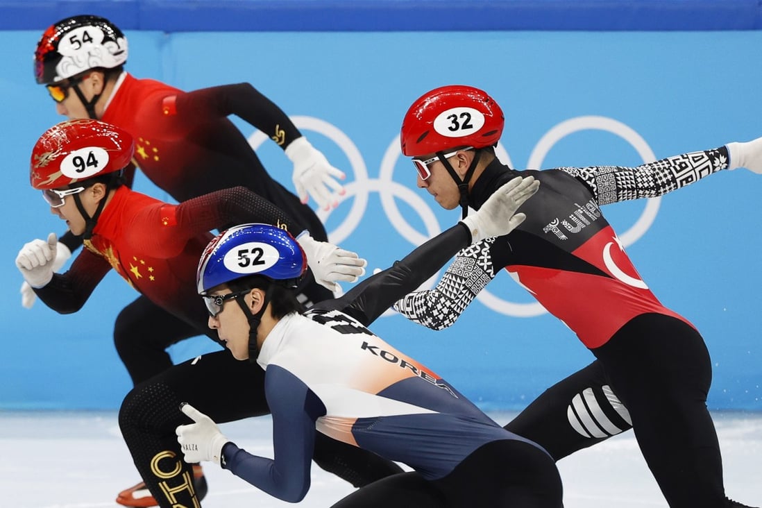 Hwang Dae-heon (front) of South Korea in action during the men’s 1,000m semi finals of the Short Track Speed Skating event at the Beijing 2022 Olympic Games. Photo: EPA
