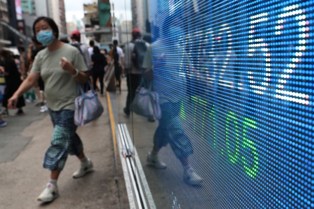 A woman walks past an electronic board in Mong Kok showing the closing Hang Seng Index number in June 2020. Photo: Edmond So