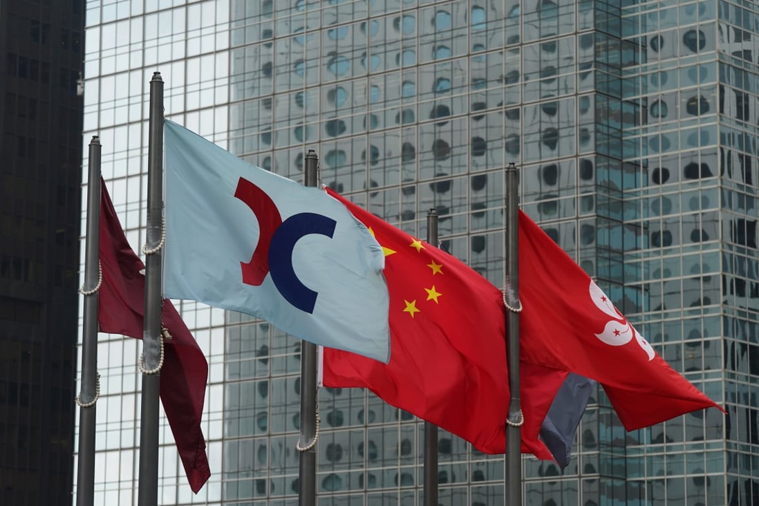 The flag of Hong Kong Exchanges & Clearing (HKEX) is displayed at the Exchange Square complex in Central. The exchange’s new rules have made it possible for SPACs to list from January this year. Photo: Sam Tsang