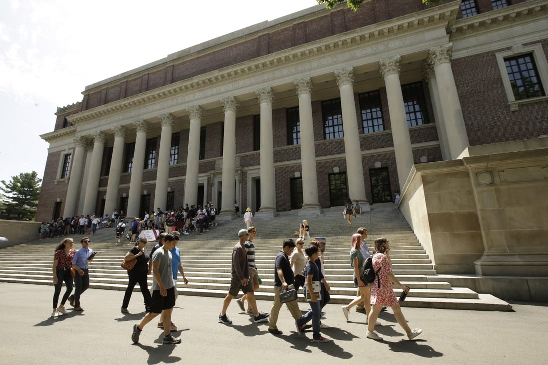 Students walk past Widener Library at Harvard University in 2019. Photo: AP