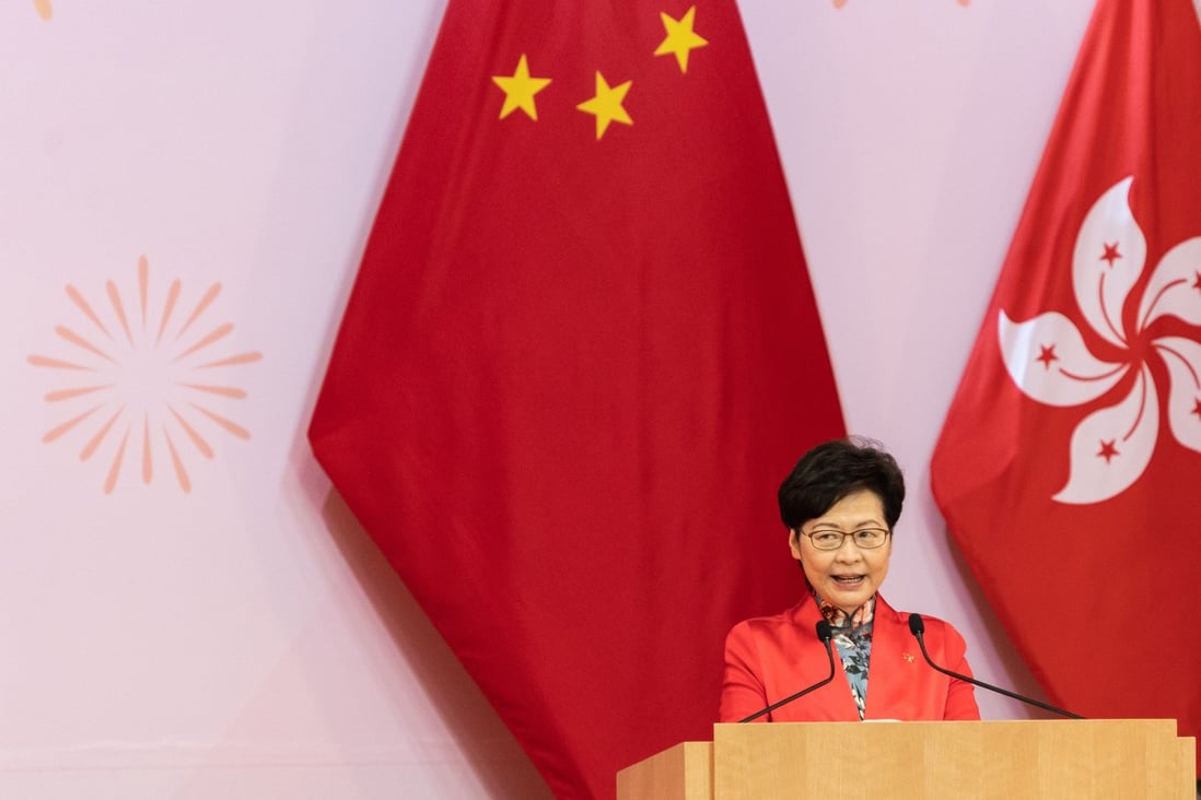Carrie Lam, Hong Kong’s chief executive, speaks during a reception to celebrate National Day in Hong Kong on October 1, 2021. Photo: Bloomberg
