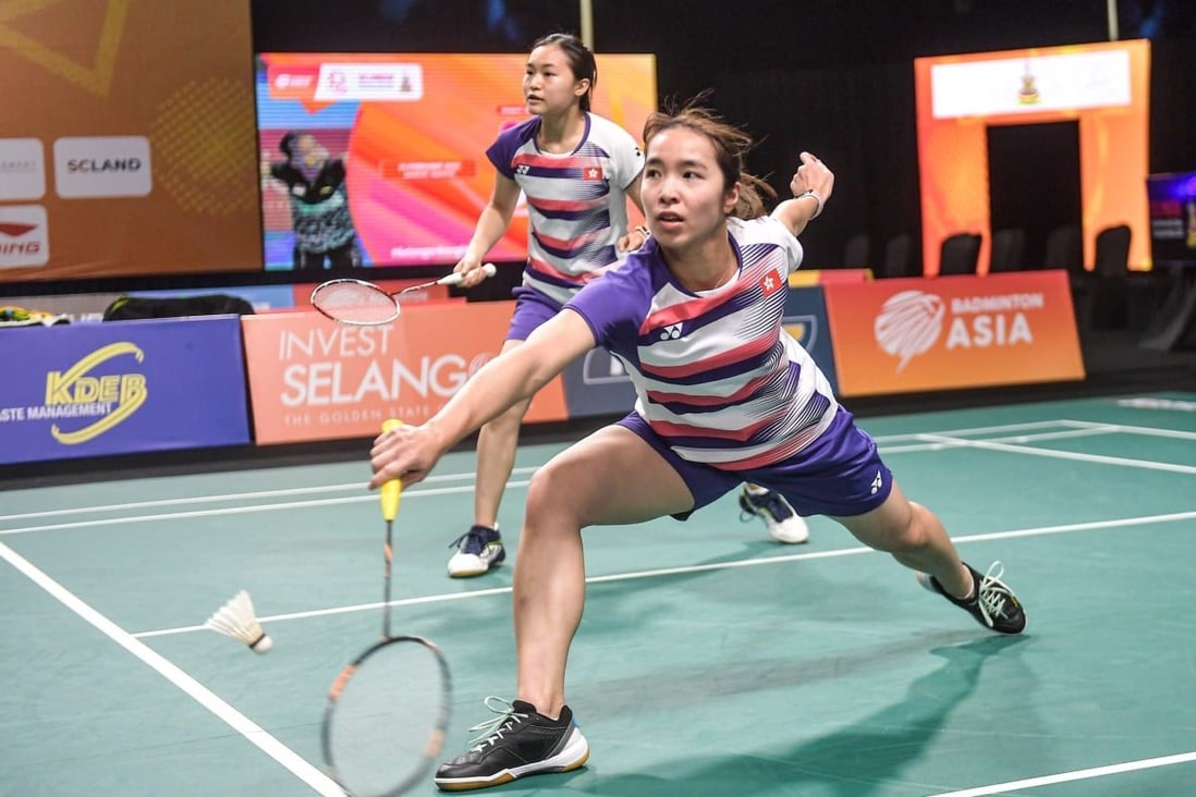 Yeung Nga-ting (front) and partner Yeung Pui-lam score Hong Kong’s the only point in the doubles against Indonesia. Photo: Badminton Asia