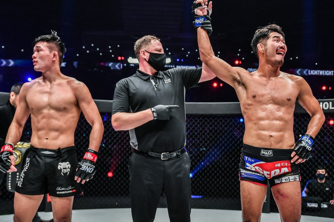 Ok Rae-yoon’s arm is raised after his unanimous decision win against Christian Lee. Photos: ONE Championship