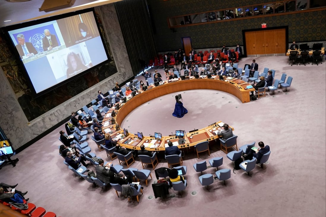 The UN Security Council meets to discuss the situation between Russia and Ukraine, at the UN headquarters in New York on February 17. Photo: Reuters