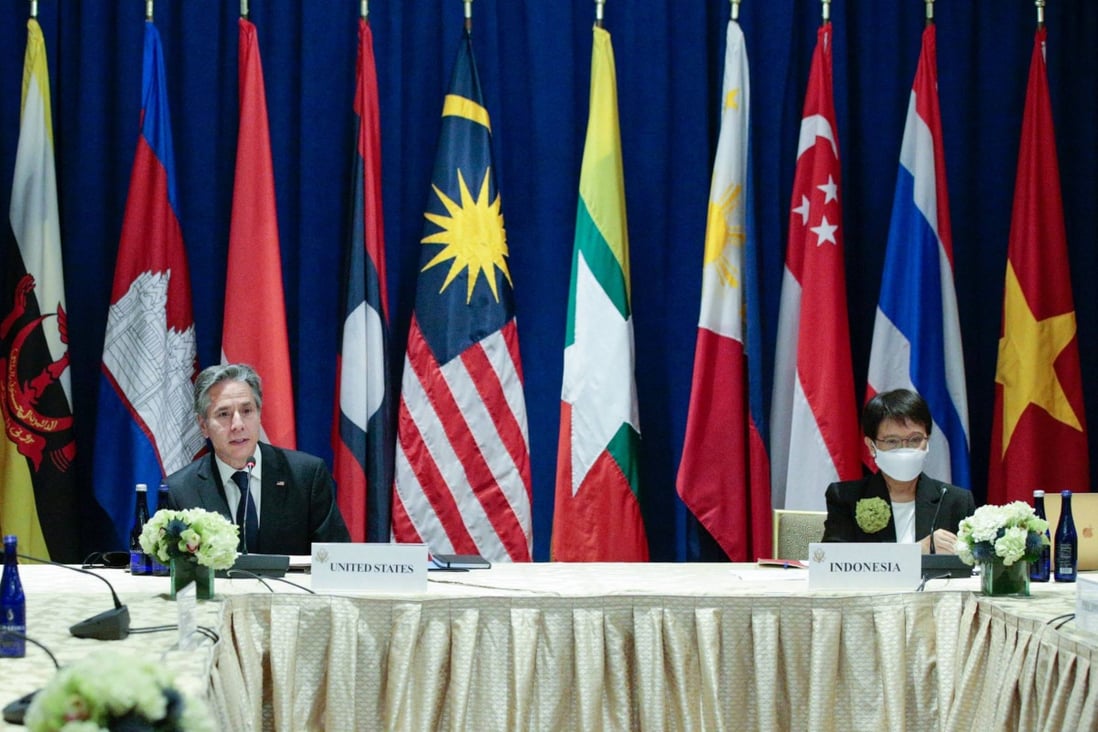US Secretary of State Antony Blinken (left) sits with Indonesian Foreign Minister Retno Marsudi during a meeting with Asean foreign ministers on September 23, on the sidelines of the 76th UN General Assembly in New York. Southeast Asia and Asean play a large role in the recently released US Indo-Pacific Strategy. Photo: AFP