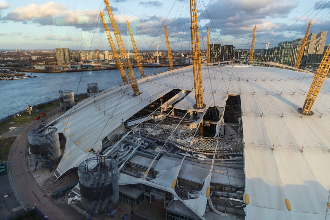 The roof of the O2 arena seen damaged by wind, as a red weather warning was issued in London on Friday. Photo: Reuters