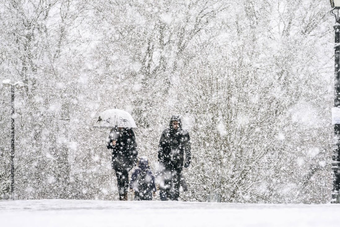 Heavy snow in Britain on Saturday. Russian gas supplies to Europe will not be easily replaced in the event of disruption amid the Ukraine crisis. Photo: PA via AP