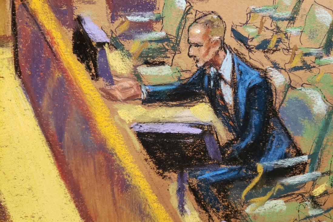 An artist’s impression of the moment star witness Timothy Leissner points out former Goldman Sachs banker Roger Ng in the ongoing US trial over the 1MDB scandal. Photo: Reuters