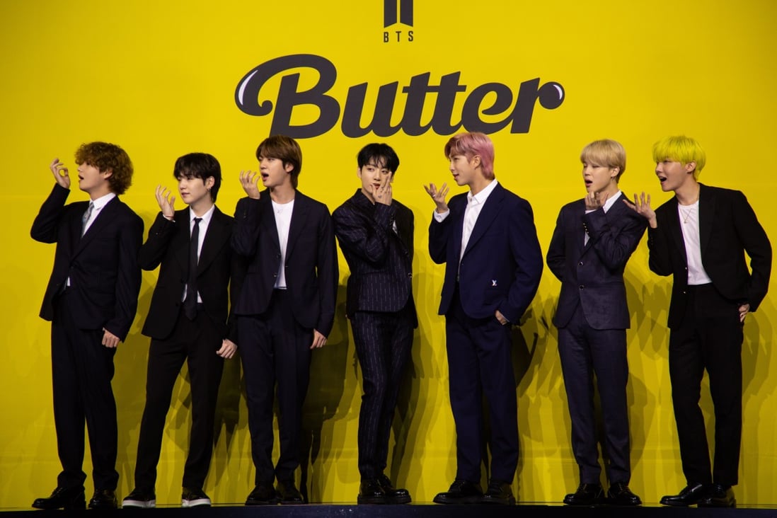 (From left) V, Suga, Jin, Jung Kook, RM, Jimin and j-hope, of South Korean boy band BTS, pose as they arrive for the launch of their single album Butter in May 2021, one of the releases that led to their IFPI award. Photo: EPA-EFE