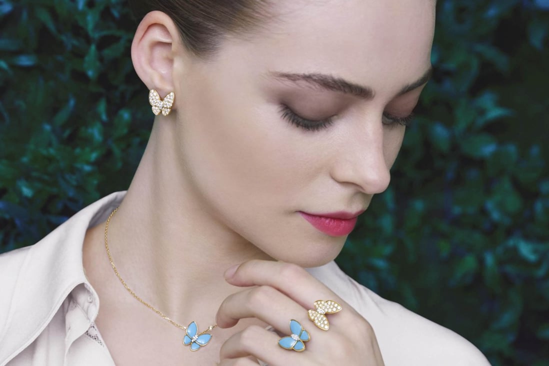 The earrings, pendant and between-the-finger ring in the latest Two Butterfly collection show this year’s striking new mix of yellow gold, white gold, diamonds and turquoise. Photos: Van Cleef & Arpels
