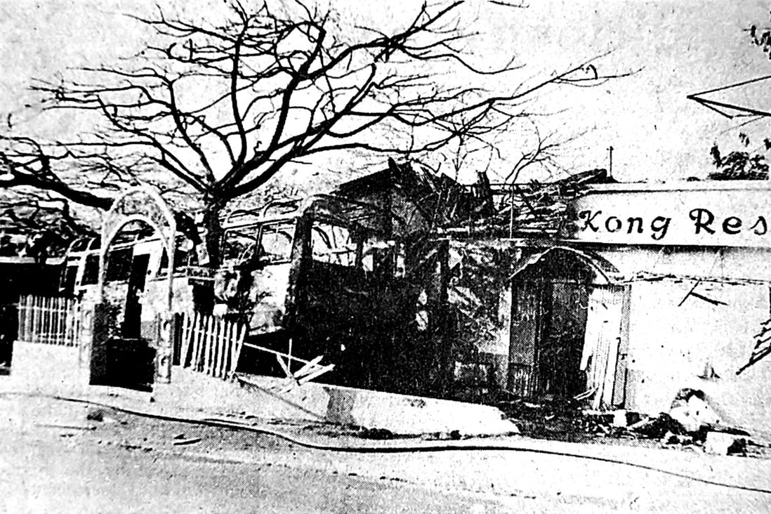 The KMB bus that crashed into a restaurant and store, and burst into flames, after descending a slope of Tai Mo Shan, Hong Kong, on February 25, 1977. Six people died. Photo: SCMP