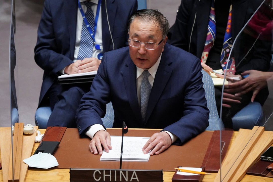 China’s ambassador to the UN Zhang Jun speaks at an emergency Security Council assembly over Russia’s invasion of Ukraine. Photo: Ukraine