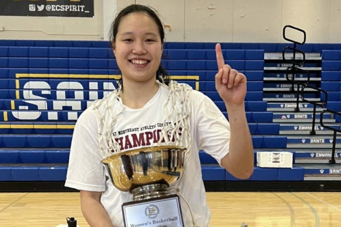 Hong Kong women’s basketball player Yannie Chan Yan-man with the GNAC Championship trophy after Emmanuel College beat Saint Joseph’s in the final in the US. Photo: Instagram / Yannie Chan   
