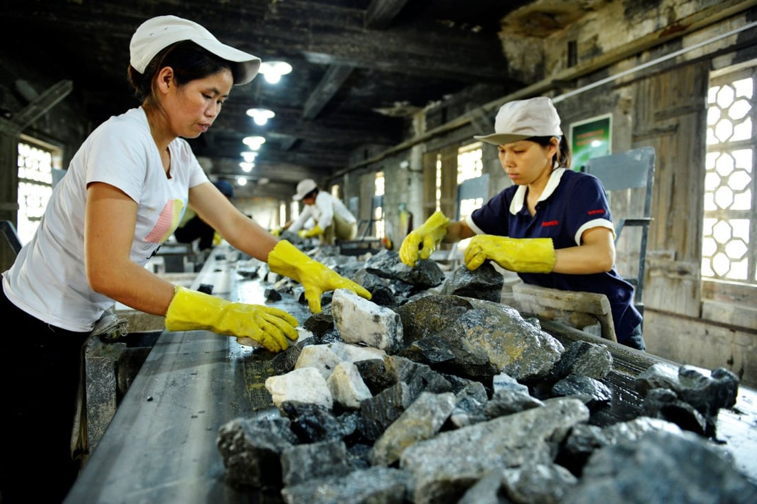 Labourers work at a tungsten mining factory in Zhongshan, Guangxi Zhuang autonomous region. Chinese companies produced about 70,000 tonnes of tungsten in 2019, more than 80 per cent of the world’s total. Photo: Reuters