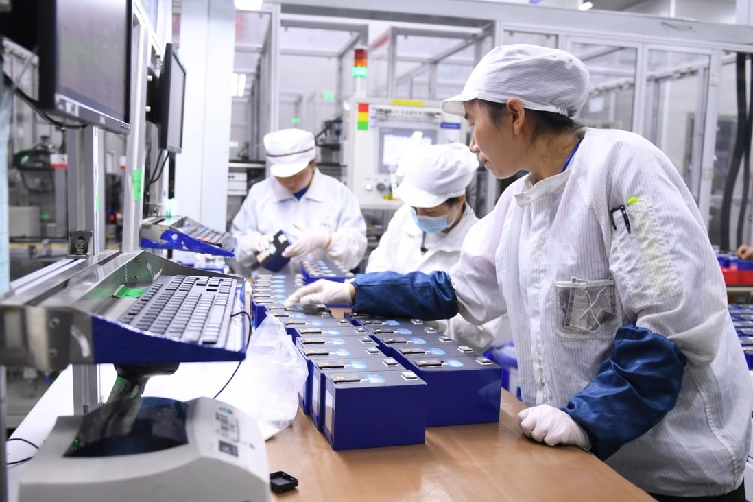 Workers check lithium batteries at Contemporary Amperex Technology in China’s Fujian province. Photo: Xinhua