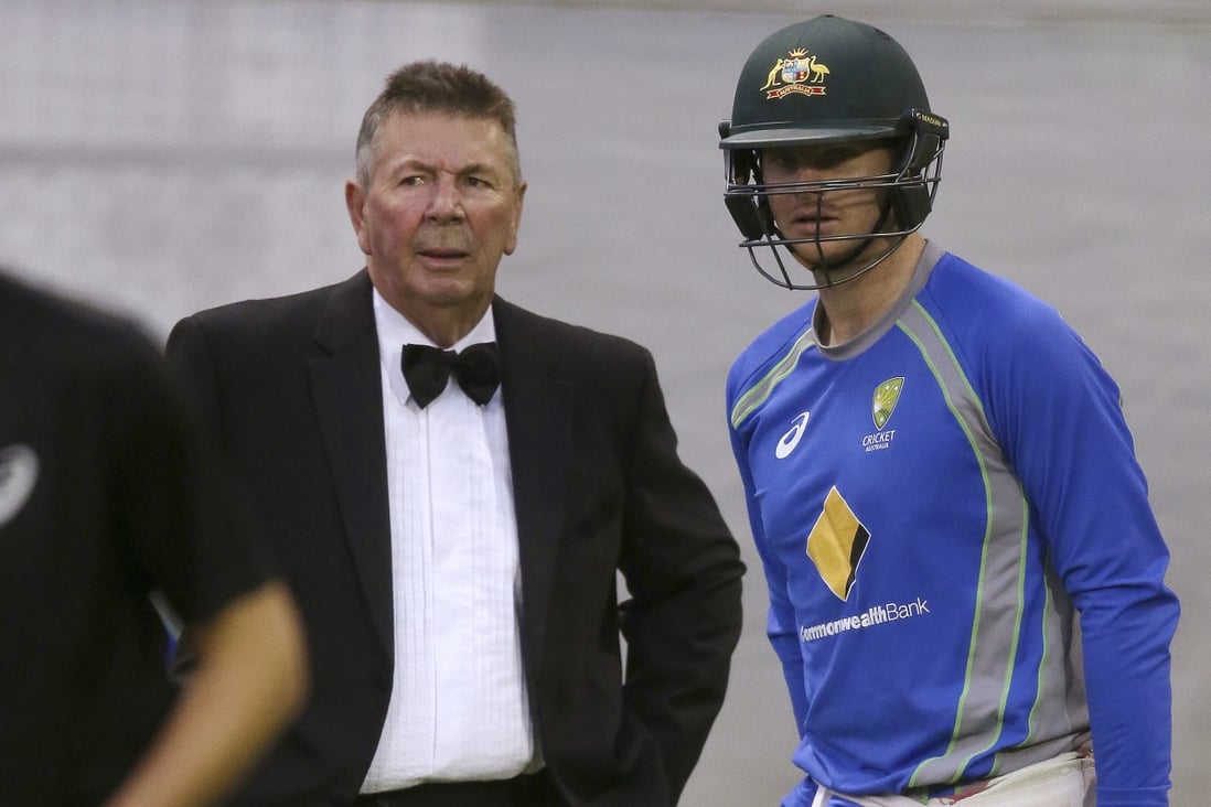 FILE - Australia’s chairman of selectors Rod Marsh, (left) talks with cricket captain Steve Smith during training in Adelaide on November. 25, 2015. Photo: AP