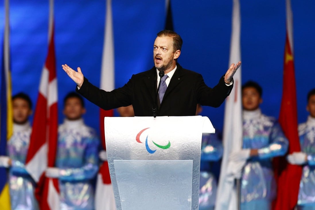International Paralympic Committee president Andrew Parsons addresses the opening ceremony of the Beijing Winter Paralympics at the National Stadium. Photo: Kyodo