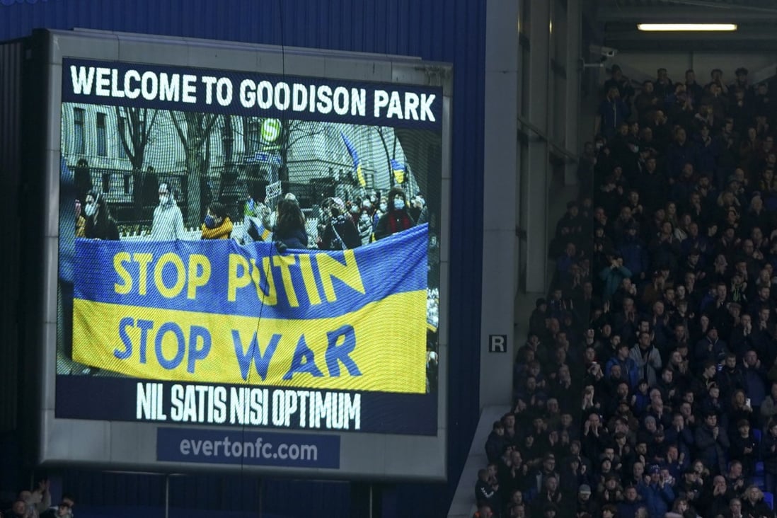A screen shows support for Ukraine before the English Premier League soccer match between Everton and Manchester City at Goodison Park. Photo: AP