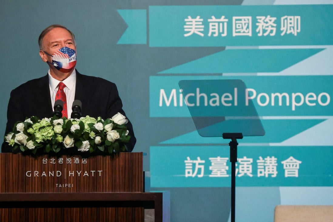 Former US secretary of state Mike Pompeo gives a speech in Taipei on Friday. Photo: Reuters