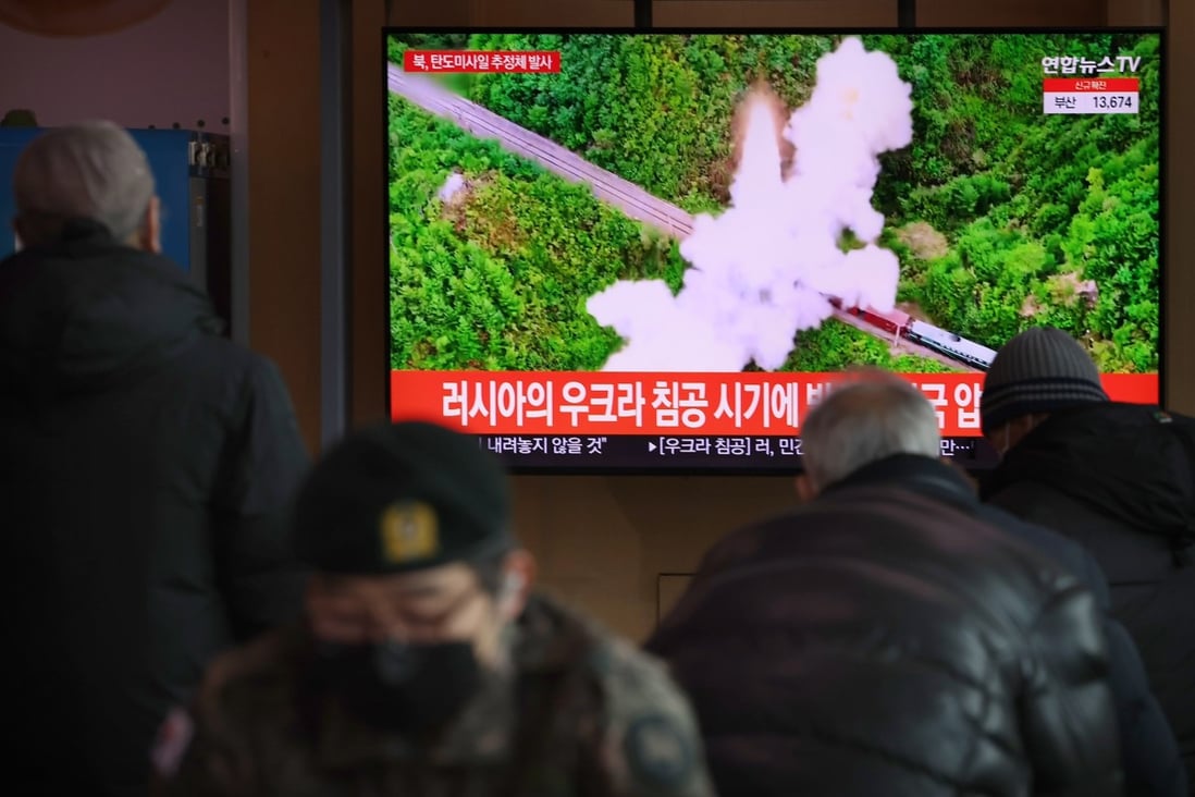 A news report on North Korea’s launch of a suspected ballistic missile is aired on a television at Seoul Station in South Korea in February. Photo: EPA-EFE/Yonhap