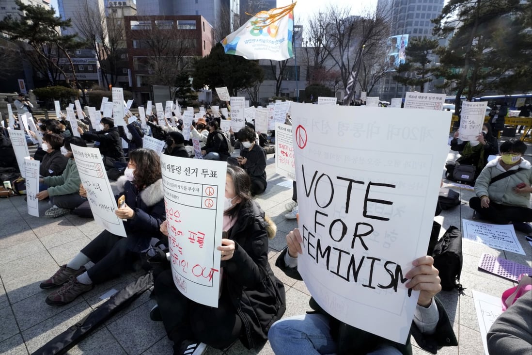 People stage a rally supporting feminism in Seoul last month. Photo: AP