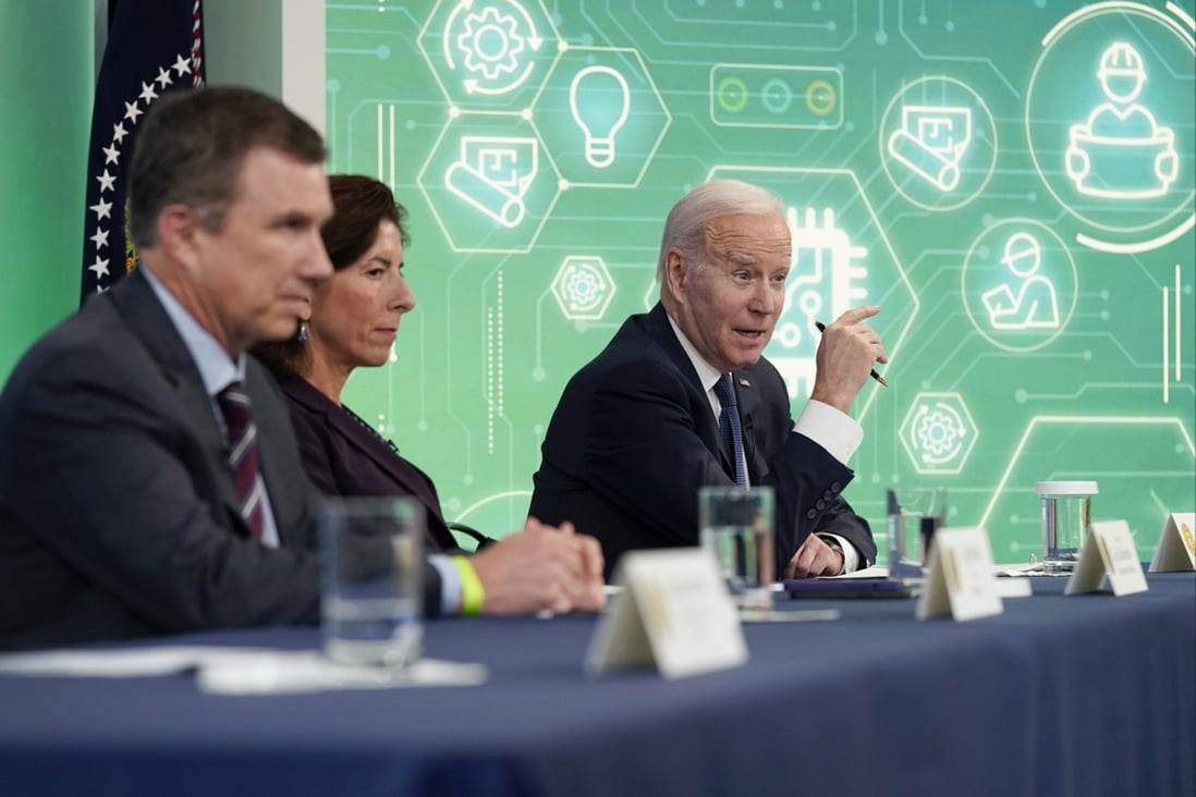 US President Joe Biden speaks on Wednesday during an event supporting legislation that would encourage domestic manufacturing of computer chips. Photo: AP
