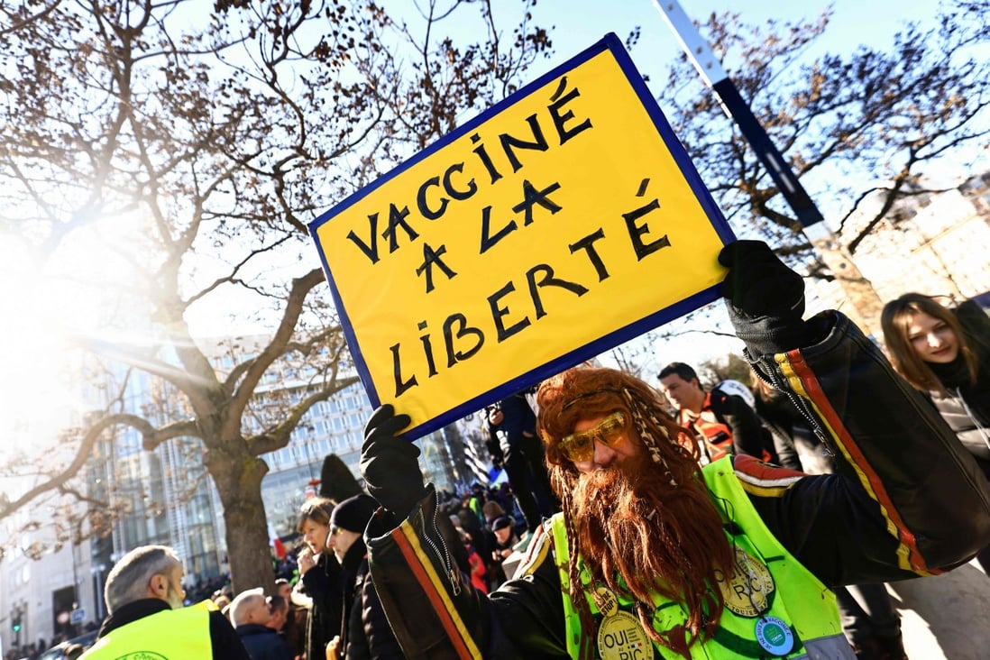 Anti-vaccination protesters at the Place d’Italie in Paris on February 12. Photo: AFP